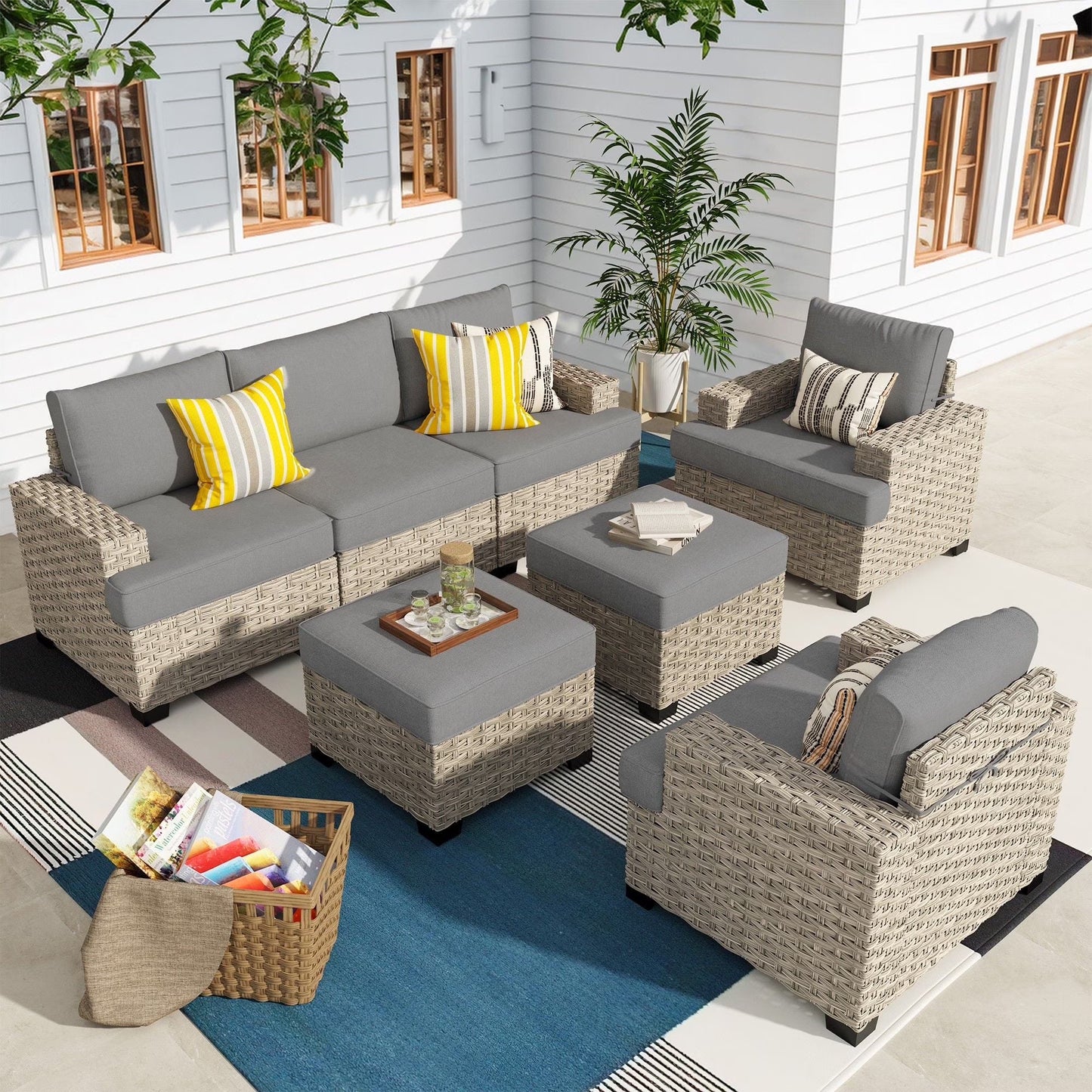 Ovios 7 Pieces Outdoor Patio Sectional Furniture All-Weather Rattan Wicker Conversation Patio Sofa Outdoor Chairs for Backyard Balcony
