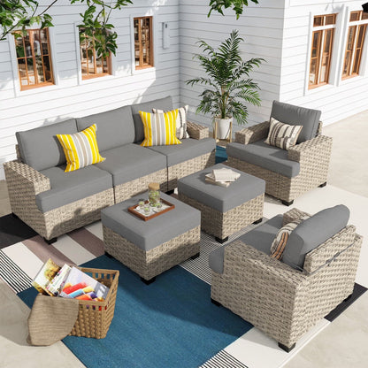 Ovios 7 Pieces Outdoor Patio Sectional Furniture All-Weather Rattan Wicker Conversation Patio Sofa Outdoor Chairs for Backyard Balcony