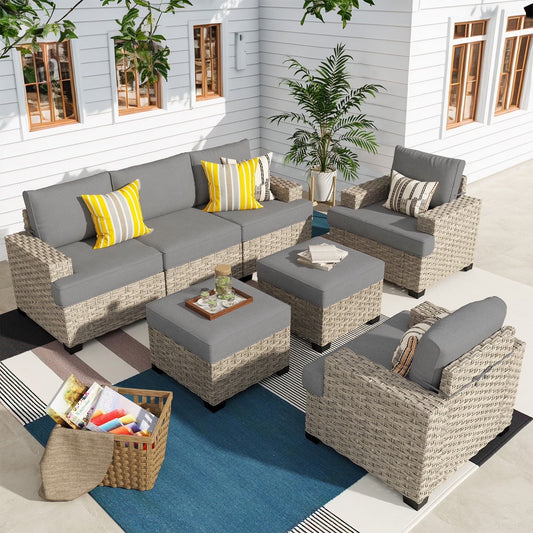 Ovios 7 Pieces Outdoor Patio Sectional Furniture All-Weather Rattan Wicker Conversation Patio Sofa Outdoor Chairs for Backyard Balcony