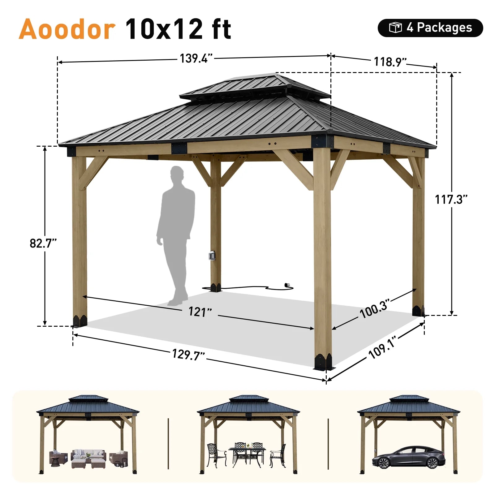 Aoodor 10 x 12 ft Wooden Frame Gazebo with 2-Tier Galvanized Metal Hardtop Roof, Outdoor Patio Gazebo with Charging Socket for Patio, Backyard, Deck, and Lawn