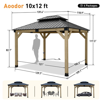 Aoodor 10 x 12 ft Wooden Frame Gazebo with 2-Tier Galvanized Metal Hardtop Roof, Outdoor Patio Gazebo with Charging Socket for Patio, Backyard, Deck, and Lawn