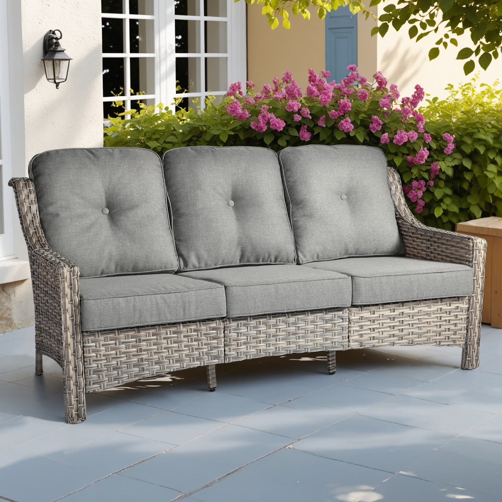Ovios Outdoor Patio Sofa 3-Seater with Cushions All-Weather Wicker Rattan Couch for Garden, Porch, or Backyard