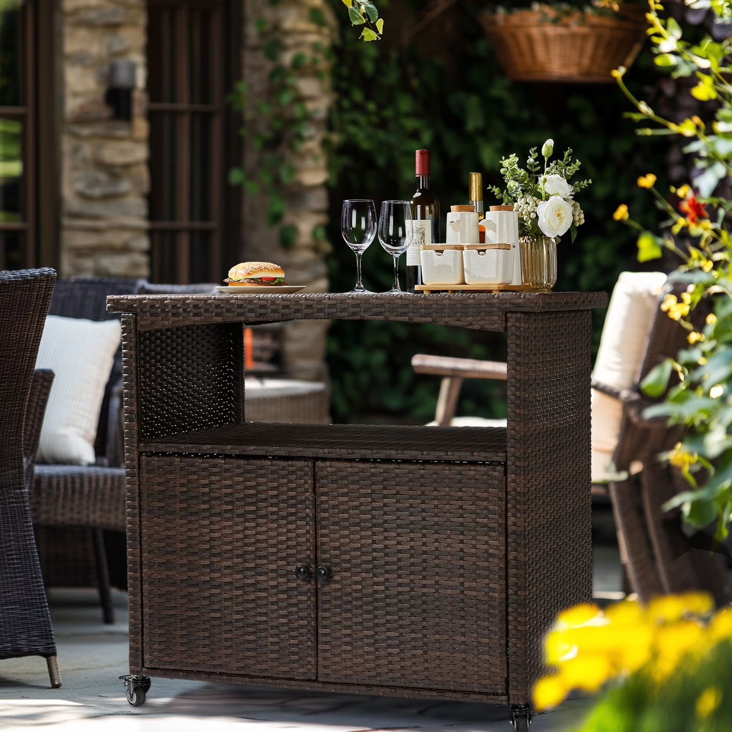 UBesGoo Patio Outdoor Ratten Bar Table Cart w/4 Wheel, Weather-Resistant Wicker Bar Table with Wood Top, Outside Kitchen Serving Cart, Brown