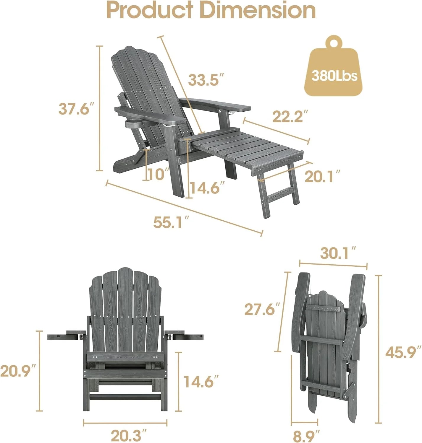 Aiho Foldable Adirondack Lounge Chair with Ottoman & Cup Holder - Outdoor Patio Garden Recliner, Gray