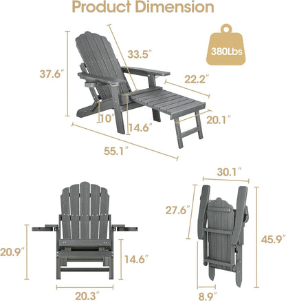 Aiho Foldable Adirondack Lounge Chair with Ottoman & Cup Holder - Outdoor Patio Garden Recliner, Gray