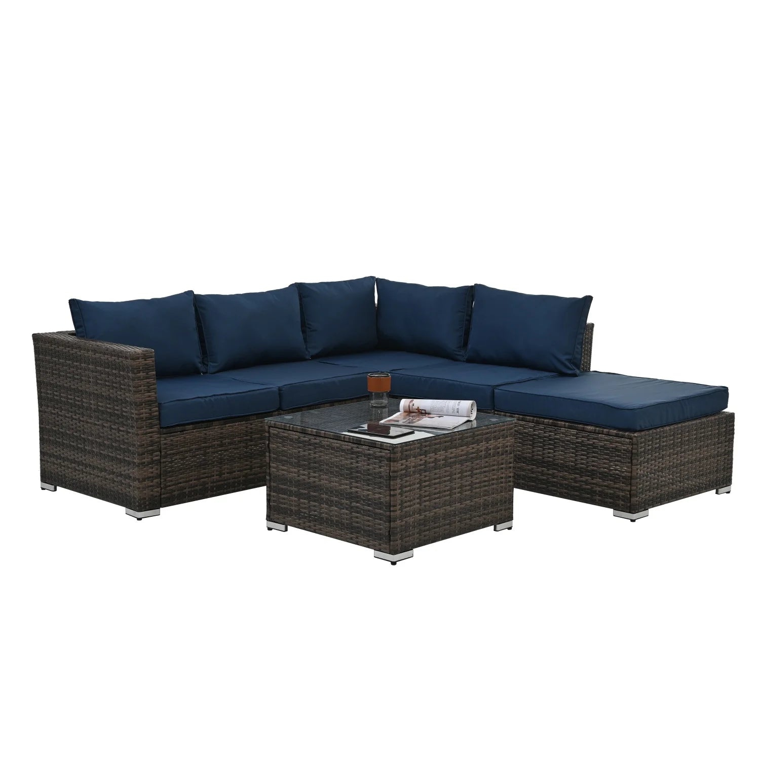 Highsound 4 Piece Outdoor Patio Furniture Sets, Wicker Conversation Set for Porch Deck, Gray Rattan Sofa Chair with Cushion, Blue