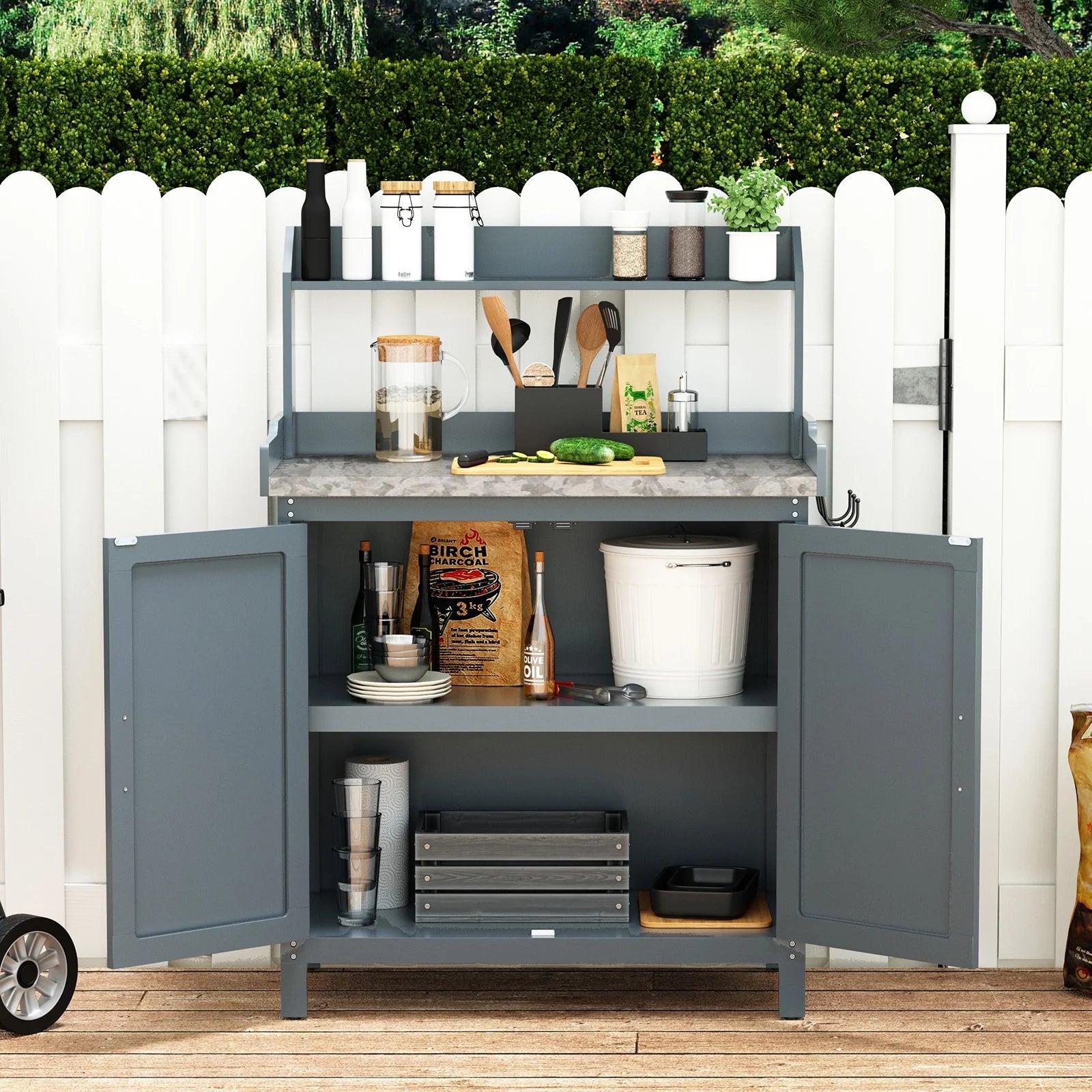 HLR Potting Bench with Storage, Galvanized Steel Tabletop Outdoor Potting Table with Storage for Garden Patio, Original Wood