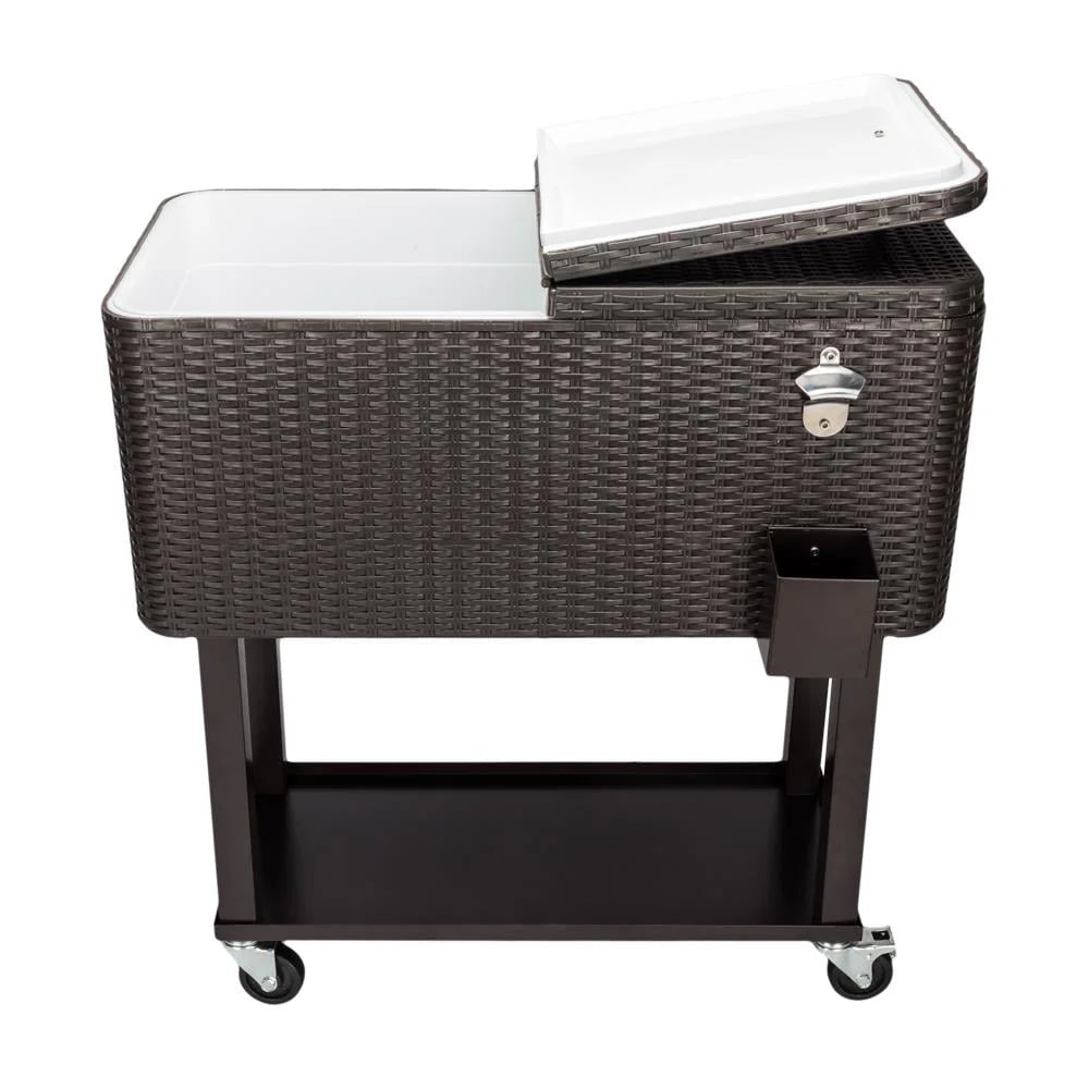 GoDecor 80 Quart Rattan Patio Rolling Cooler with Shelf Cooling Cart