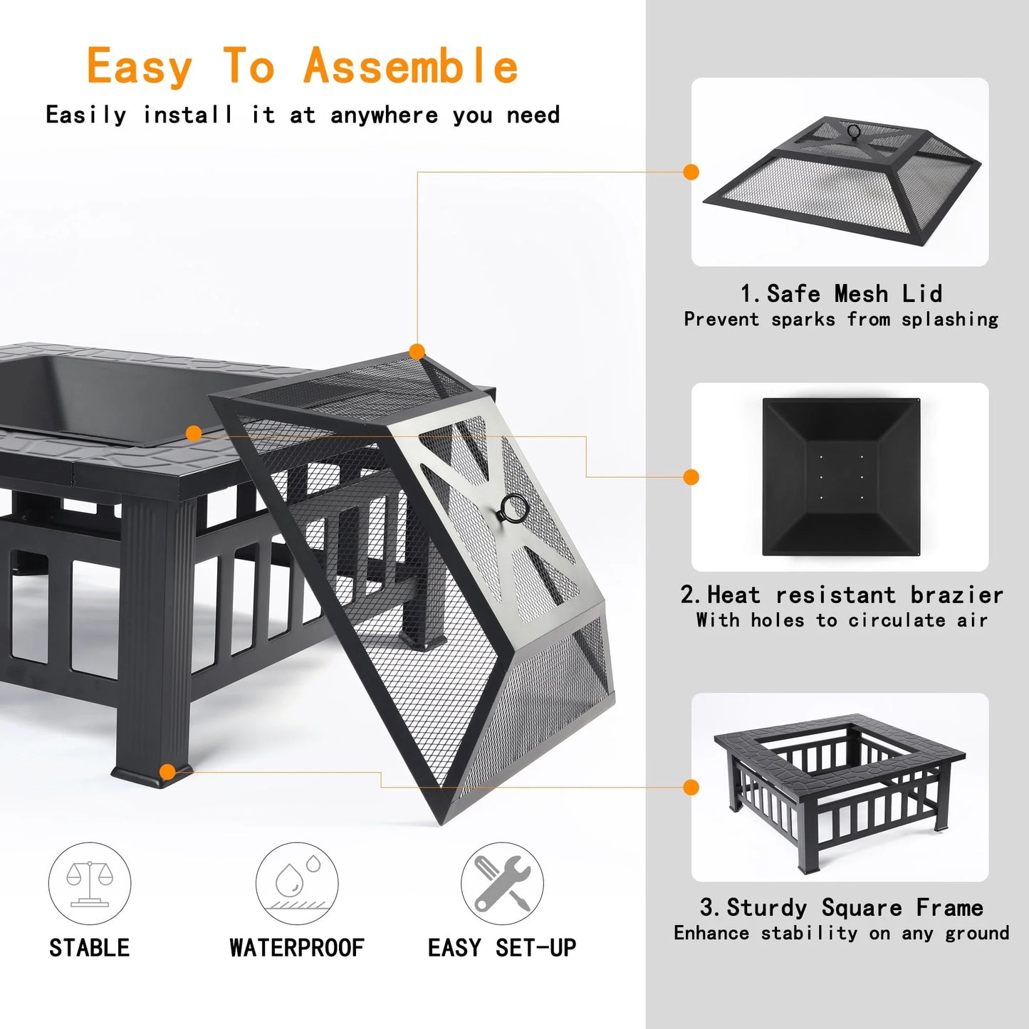 Wood Burning Fire Pits for Outside, 32" Square Iron Fire Pit Backyard Patio Garden Stove Wood Burning Fire Pit w/BBQ Net, Waterprrof Cover, Mesh Screen Lid, Wood Grate, Poker, Durable Fire Pit
