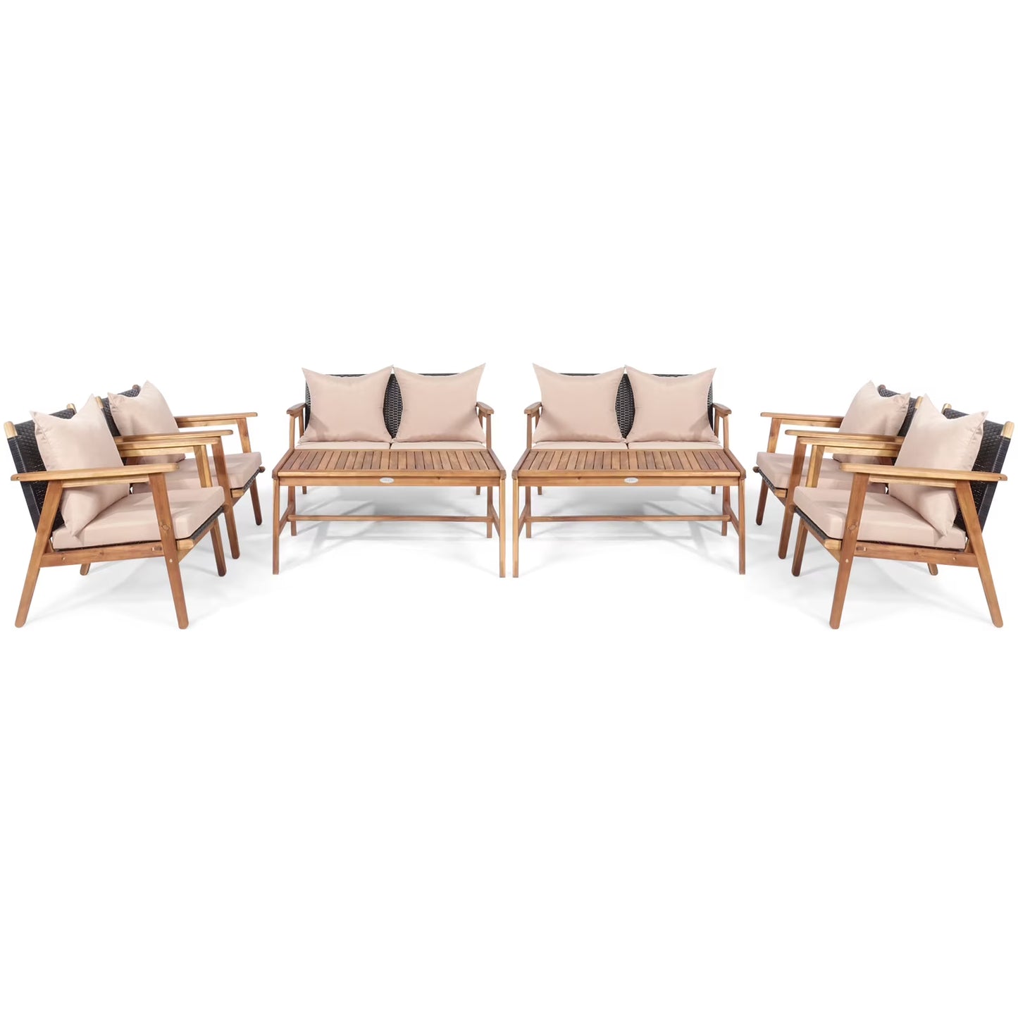 Patiojoy 8PCS Patio Rattan Furniture Set Wood Frame Cushioned Sofa with Coffee Table Sectional Conversation Sofa Set for Garden Brown