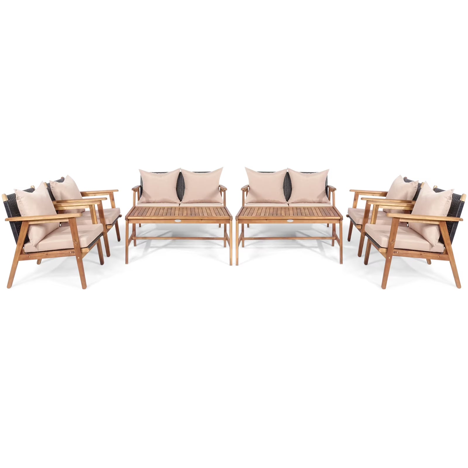 Patiojoy 8PCS Patio Rattan Furniture Set Wood Frame Cushioned Sofa with Coffee Table Sectional Conversation Sofa Set for Garden Brown