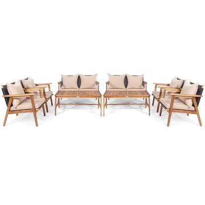 Patiojoy 8PCS Patio Rattan Furniture Set Wood Frame Cushioned Sofa with Coffee Table Sectional Conversation Sofa Set for Garden Brown
