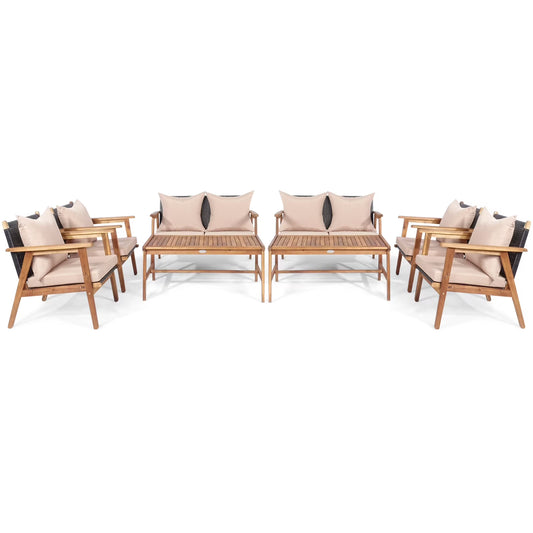 Patiojoy 8PCS Patio Rattan Furniture Set Wood Frame Cushioned Sofa with Coffee Table Sectional Conversation Sofa Set for Garden Brown