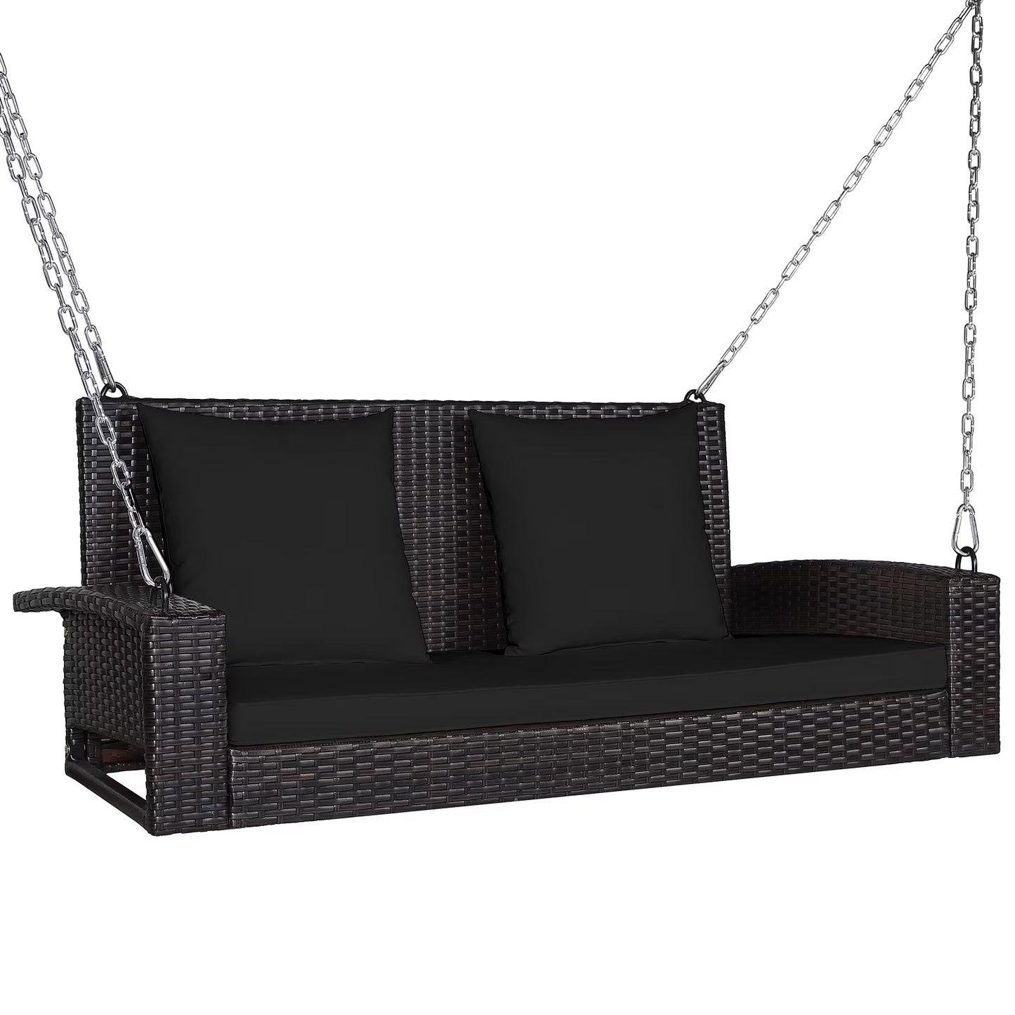 Topbuy Outdoor Wicker Porch Swing Bench 2-Person Patio Rattan Swing Chair W/Soft Cushions Black