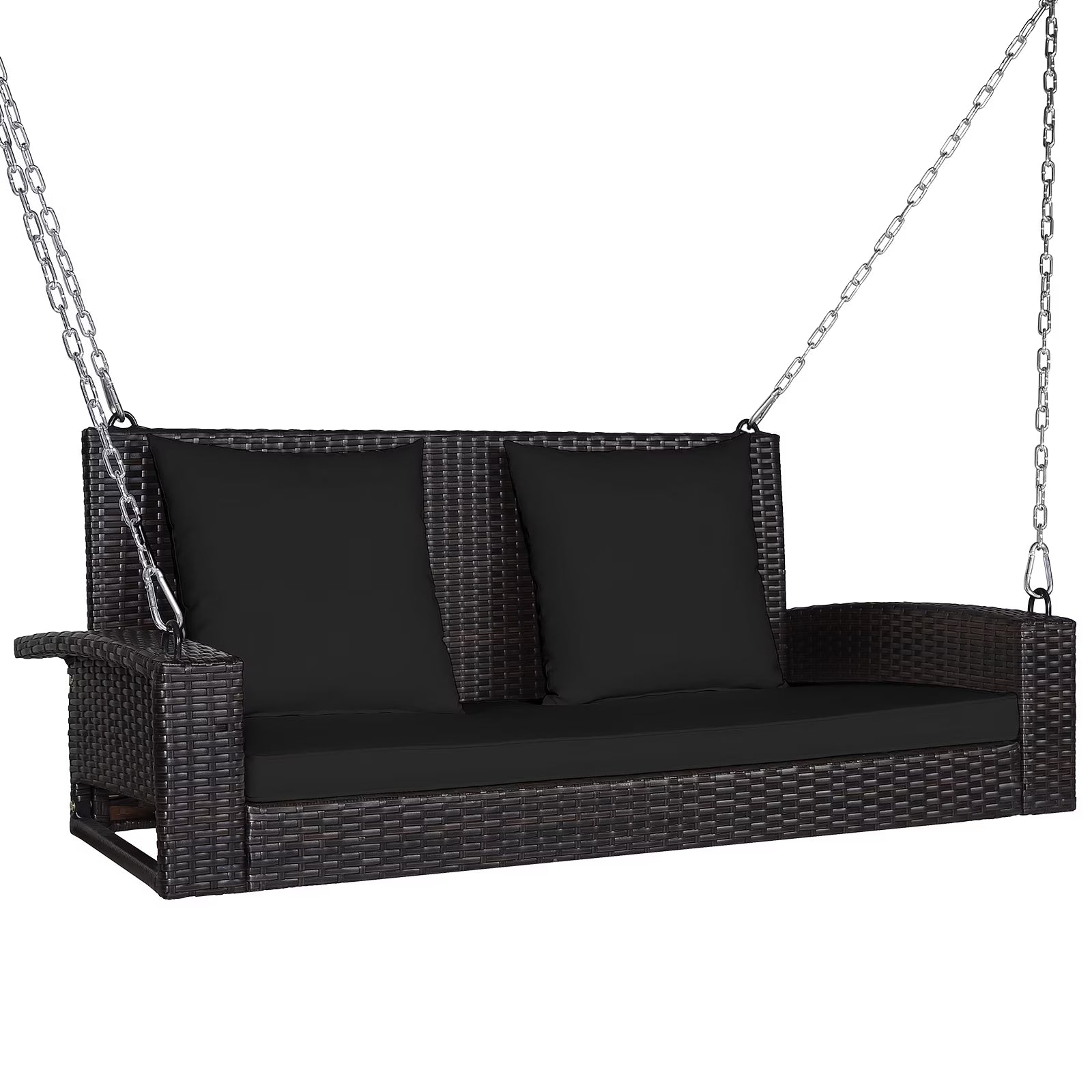 Topbuy Outdoor Wicker Porch Swing Bench 2-Person Patio Rattan Swing Chair W/Soft Cushions Black