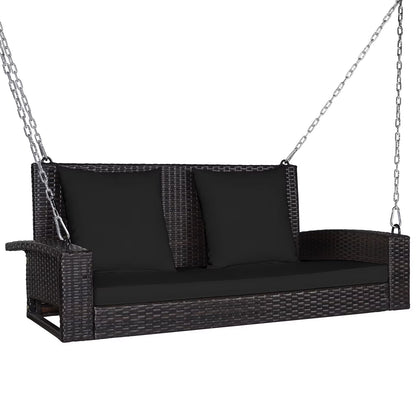 Topbuy Outdoor Wicker Porch Swing Bench 2-Person Patio Rattan Swing Chair W/Soft Cushions Black