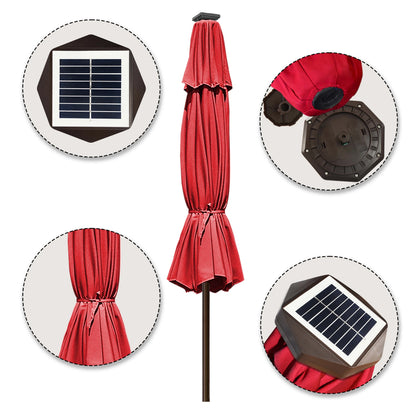 EliteShade Sunbrella Solar Umbrellas 9ft Market Umbrella with 80 LED Lights Patio Umbrellas Outdoor Table Umbrella with Ventilation and 5 Years Non-Fading Top,Ruby