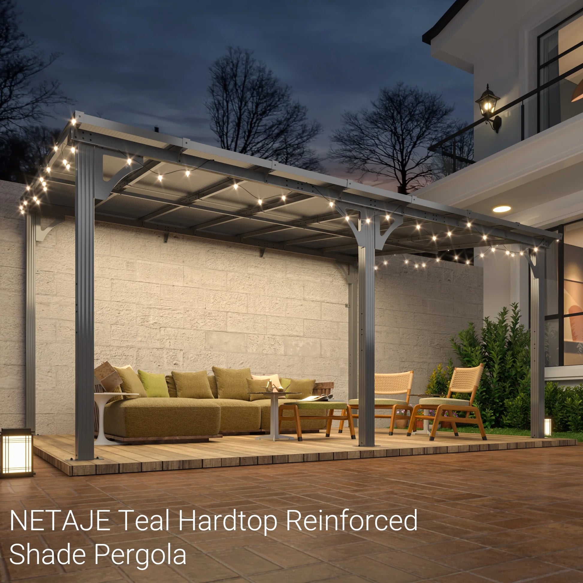 NETAJE 10'x14' Outdoor Splicable Gazebo, Hardtop Wall Mounted Gazebo & Pergola with Aluminum Frame and Sloping Roof, for Backyard, Deck, Patio-Gray