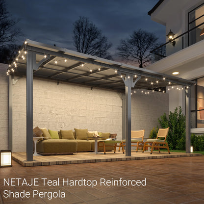 NETAJE 10'x14' Outdoor Splicable Gazebo, Hardtop Wall Mounted Gazebo & Pergola with Aluminum Frame and Sloping Roof, for Backyard, Deck, Patio-Gray