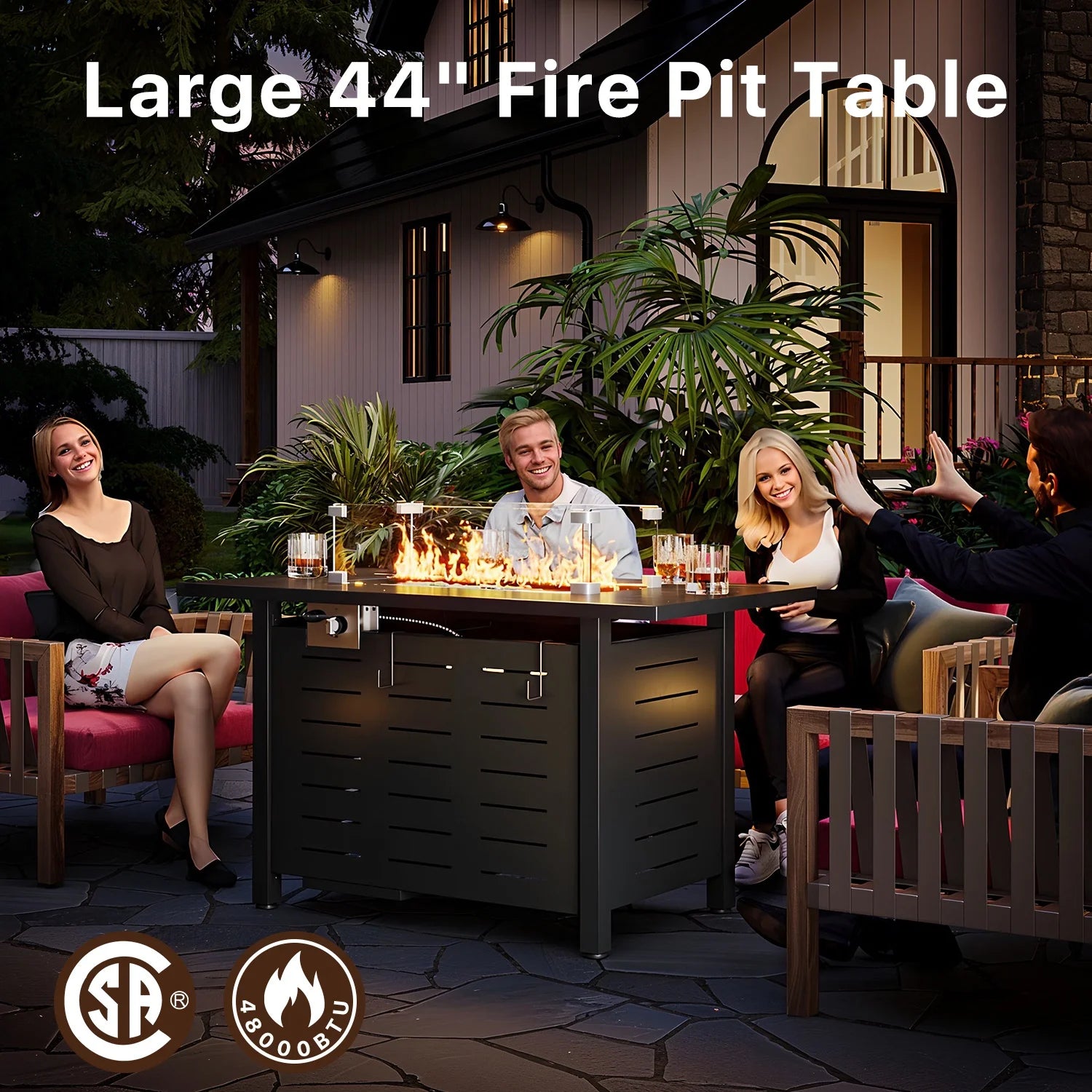 Sunmthink 44" Propane Fire Pit Table, 50,000 BTU Auto Ignition Steel Gas Fire Pit with Removable Lid & Waterproof Cover for Patio, Backyard, Black