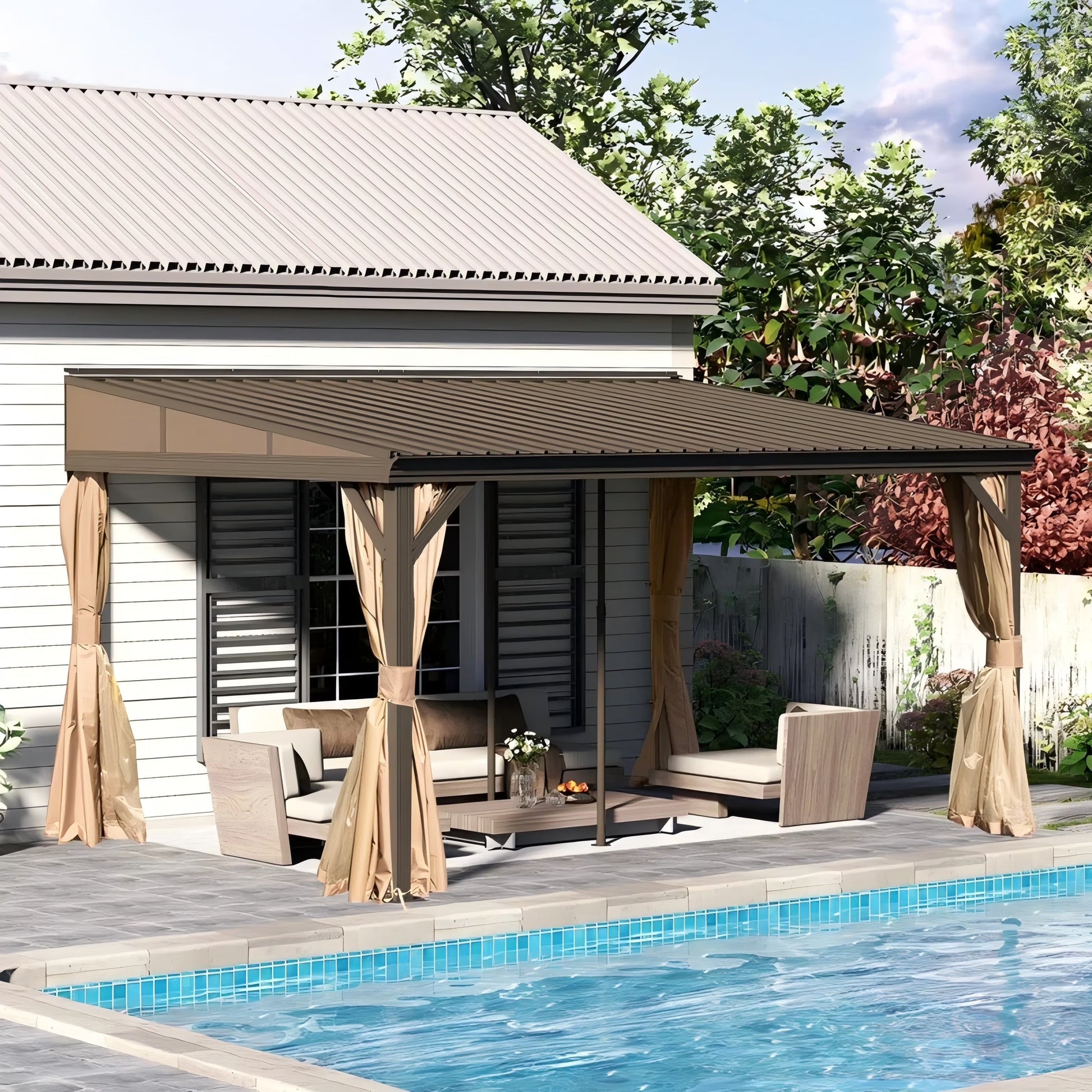 Domi Outdoor Living 10' x 12' Hardtop Lean-to Gazebo, Wall-Mounted with Galvanized Steel Roof Wall Pergola with Aluminum Frame, Curtains and Netting, for Patio, Deck, Garden, Backyard