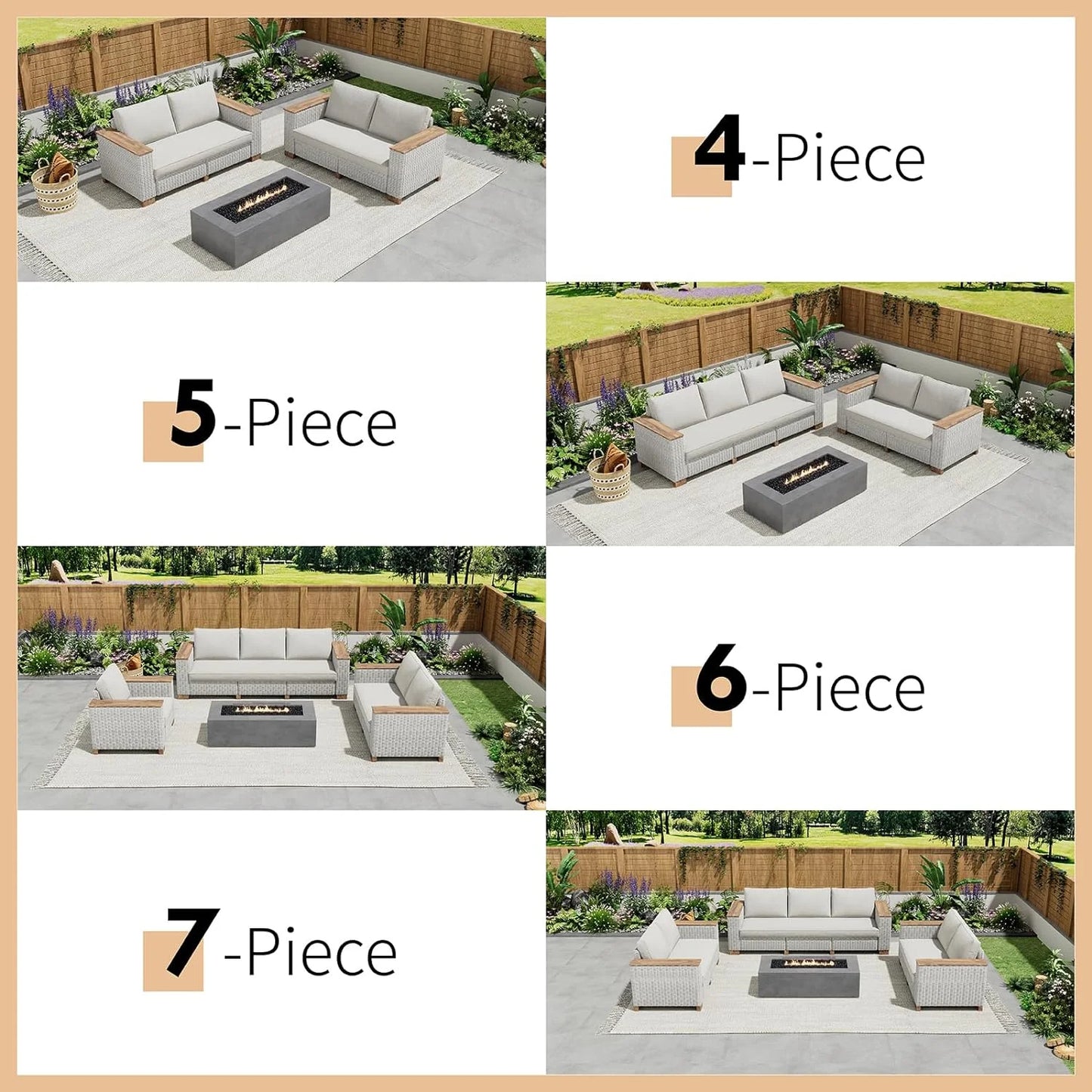 Jocisland Patio Furniture Set, 6 Piece Modular Rattan Outdoor Sectional Set with Washable Cushions, 3-Seat Outdoor Couch, 1 Loveseat, 1 Single Chair for Lawn Deck Backyard Garden, Beige