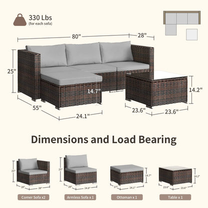 Patio Furniture Set Clearance, Lofka 5 Piece Outdoor Sectional Furniture Chair Set with Cushions and Tea Table, Gray