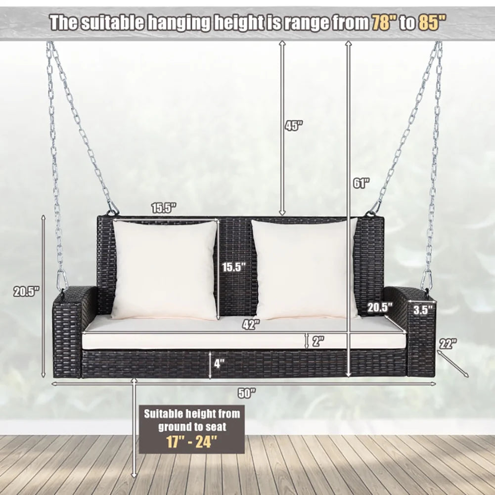 Topcobe 2-Person Patio Rattan Porch Swing with Cushions, Outdoor Patio Furniture, White