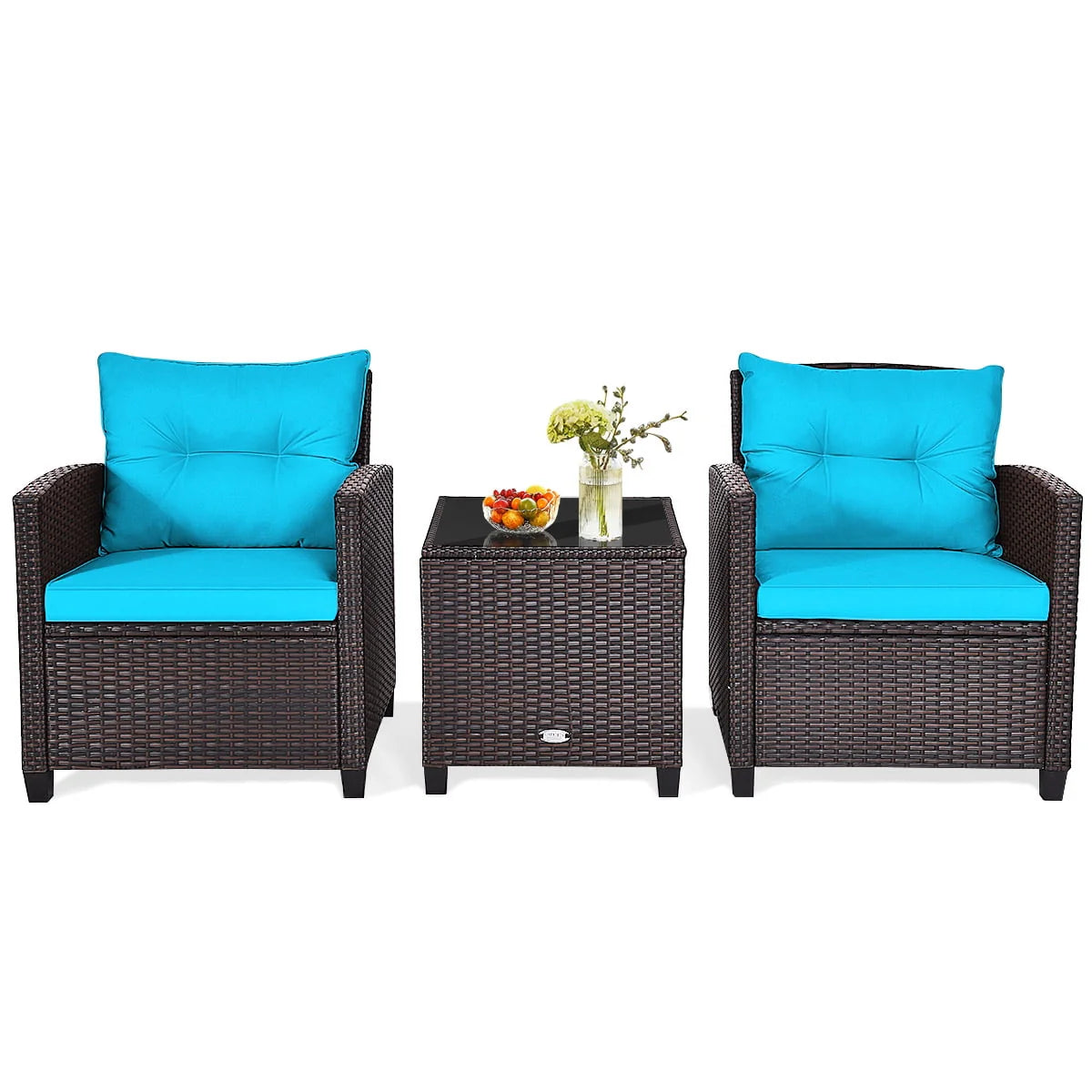 Patiojoy 3 Pieces Wicker Cushioned Conversation Set Outdoor Rattan Furniture with Turquoise Cushions