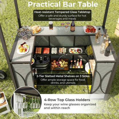 Spaco 3-Piece Patio Bar Set with A Heat-Resistant Tempered Glass Top, Grill Gazebo & 2 Bar Stools with Tempered Glass Bar Table, Bar Set for Outdoor, Brown