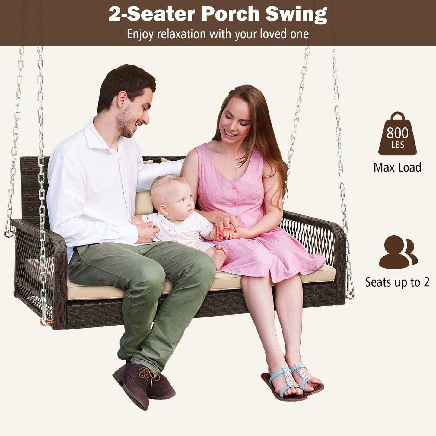 Costway Patio Wicker Porch Swing 2-Person Hanging Loveseat Bench Chair with Cushions Beige