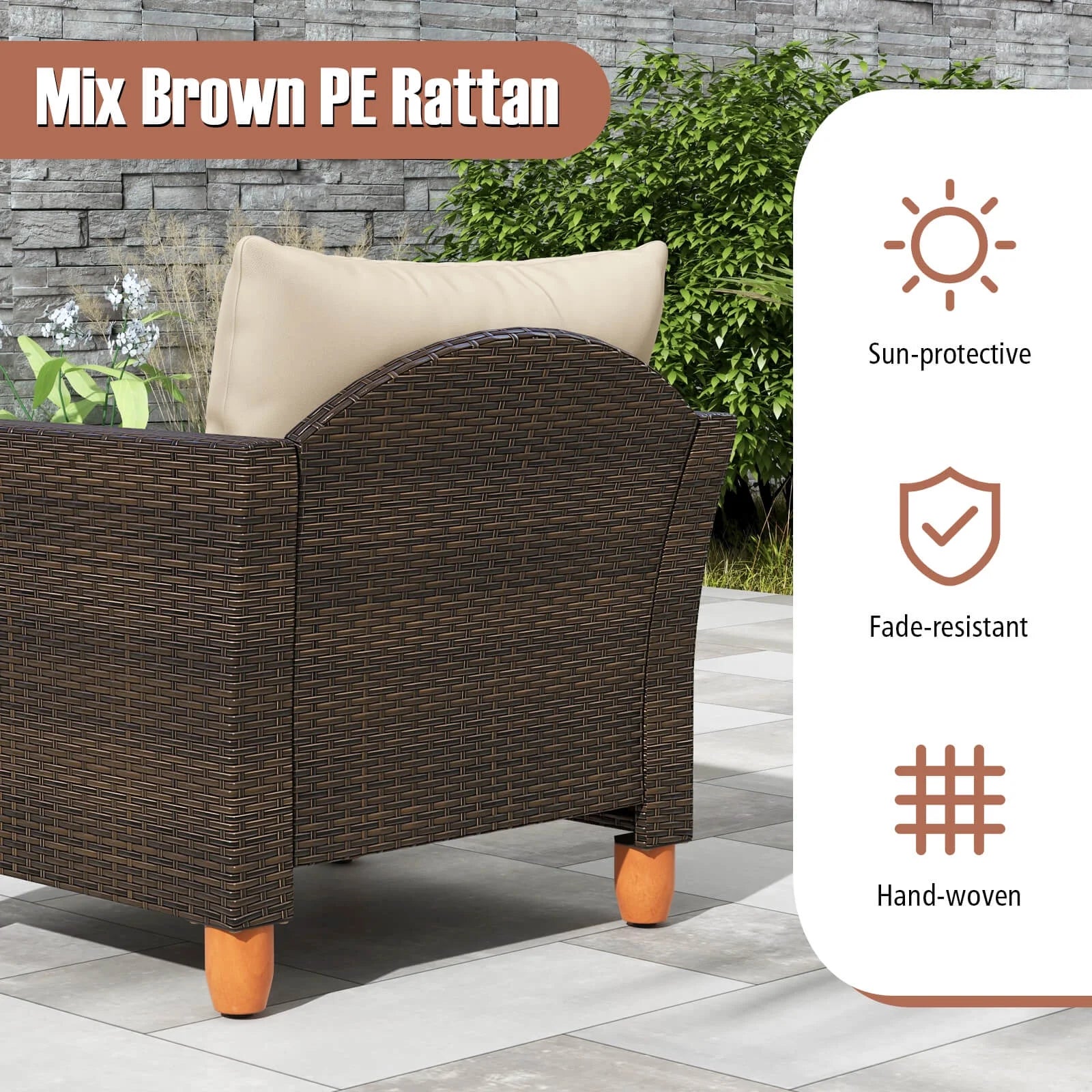 Costway 3PCS Patio Wicker Rattan Sofa Set Furniture Outdoor Acacia Wood Conversation Brown