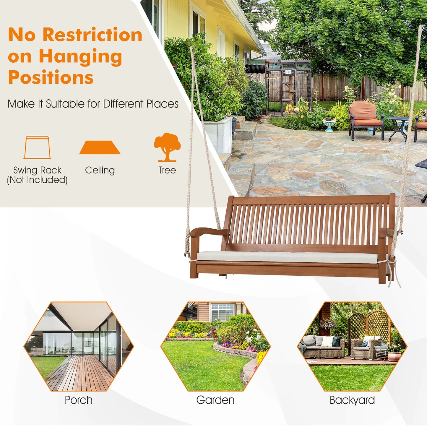 Gymax 2-Seat Patio Hanging Wooden Porch Swing Bench w/Cushion & Hanging Ropes