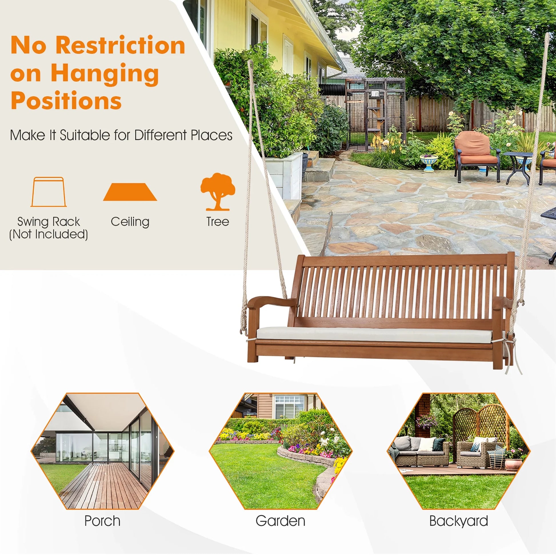 Gymax 2-Seat Patio Hanging Wooden Porch Swing Bench w/Cushion & Hanging Ropes