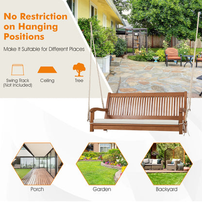 Gymax 2-Seat Patio Hanging Wooden Porch Swing Bench w/Cushion & Hanging Ropes
