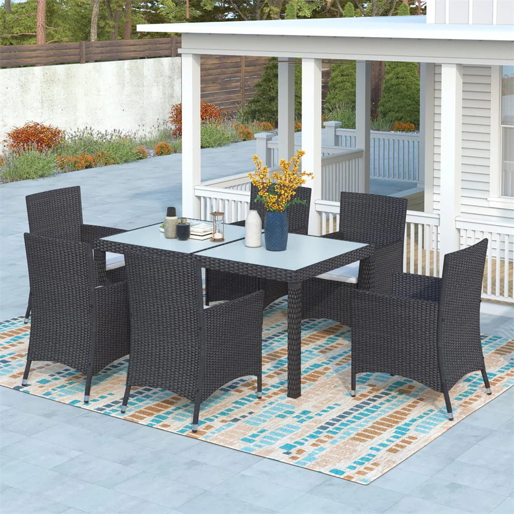 7 Piece Outdoor Wicker Sectional Dining Set, Outdoor Furniture Set with Stackable Armrest Chairs & Beige Cushions, Patio Dining Set for 6, Black Rattan