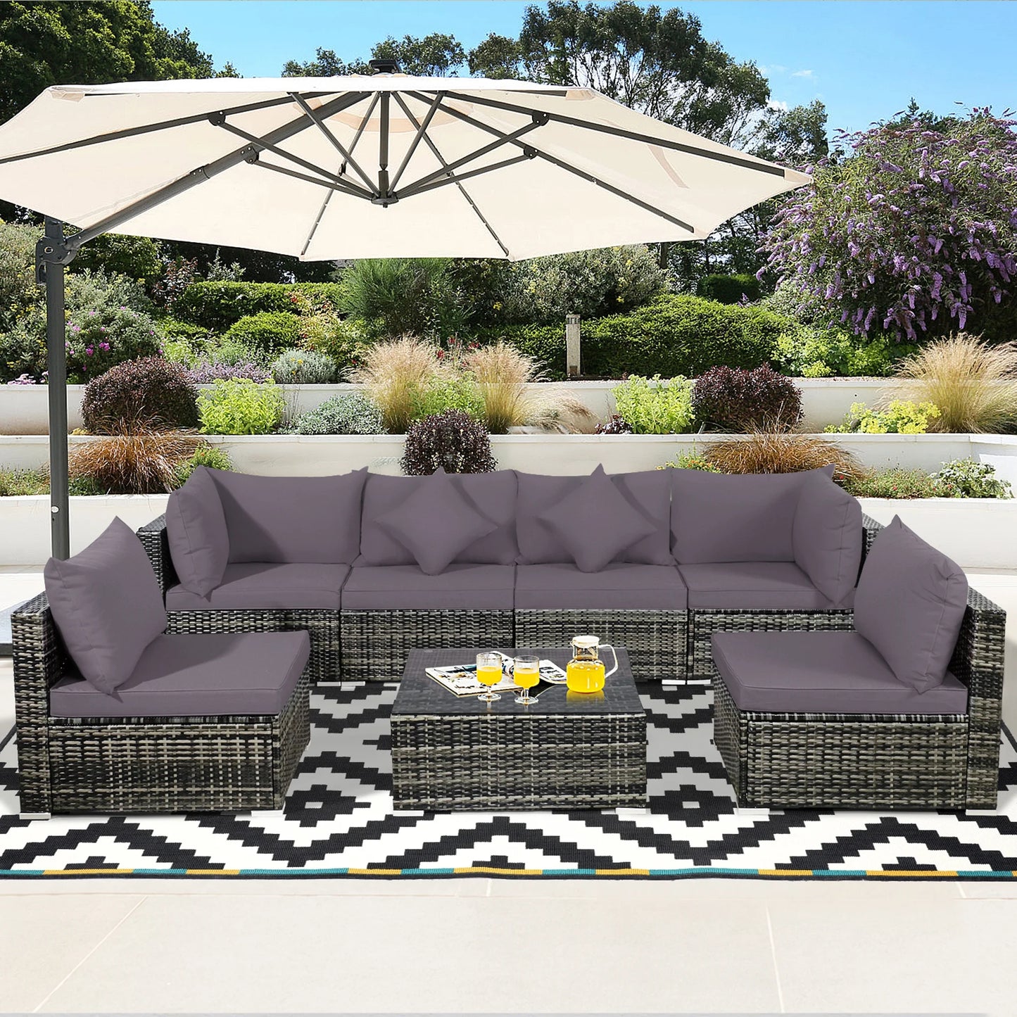 Gymax 7PCS PE Rattan Patio Sectional Sofa Conversation Set w/Grey Cushions