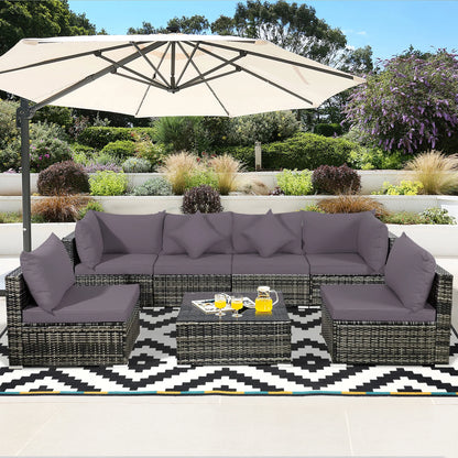 Gymax 7PCS PE Rattan Patio Sectional Sofa Conversation Set w/Grey Cushions