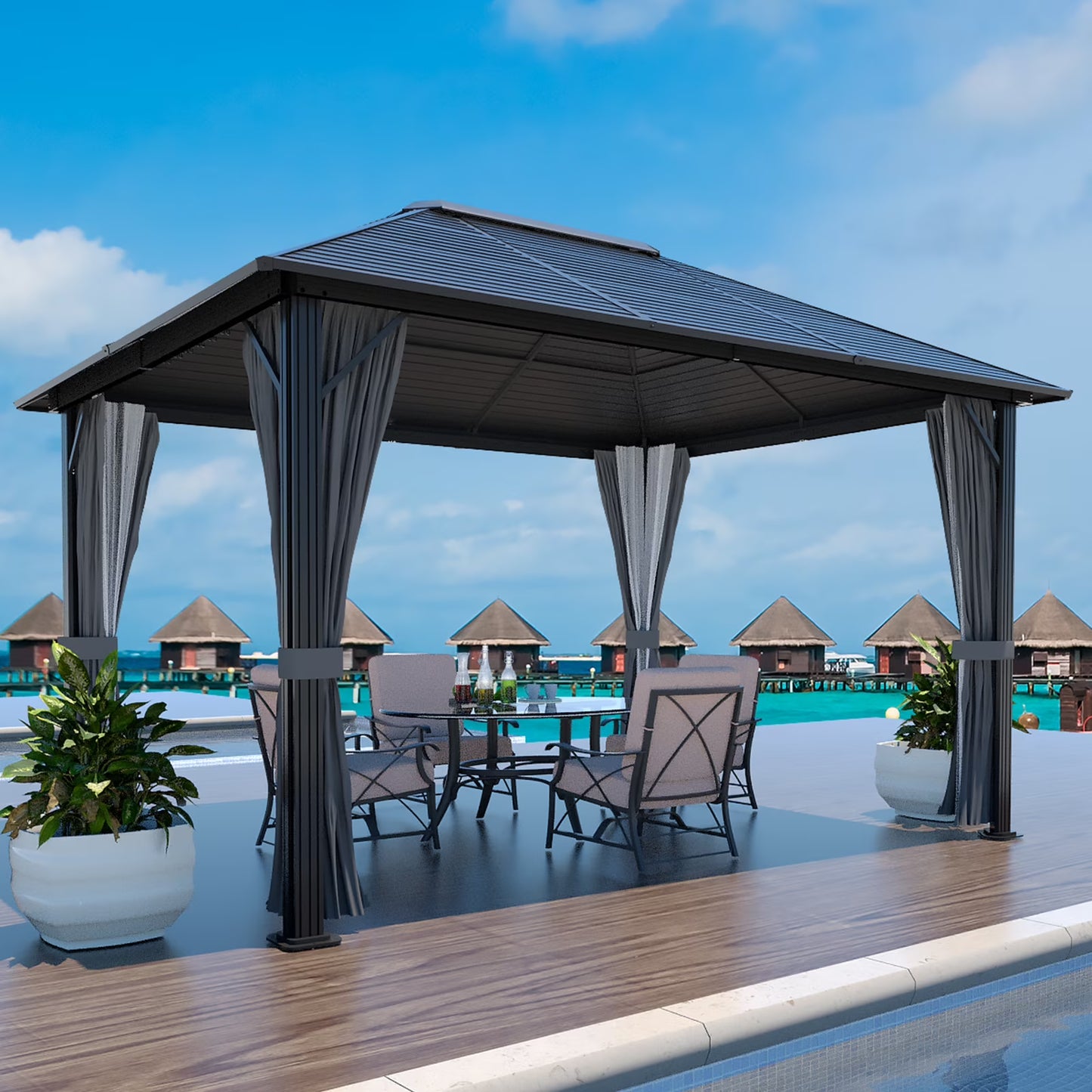 VEIKOUS 12'x10' Hardtop Gazebo, Outdoor Aluminum Gazebo Pergola w/Nettings and Curtains for Patio, Yard, Black