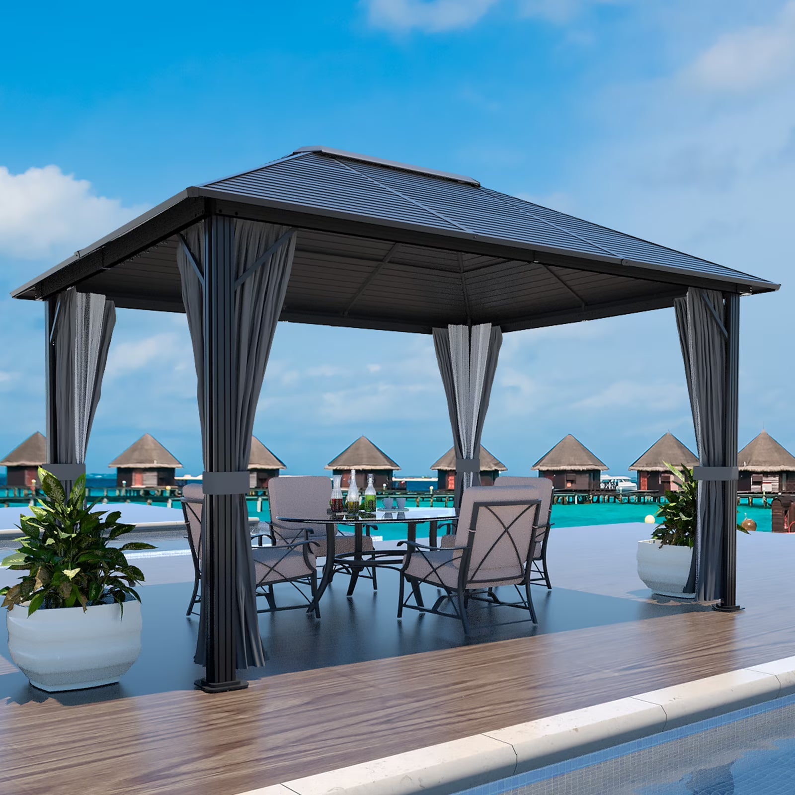 VEIKOUS 12'x10' Hardtop Gazebo, Outdoor Aluminum Gazebo Pergola w/Nettings and Curtains for Patio, Yard, Black