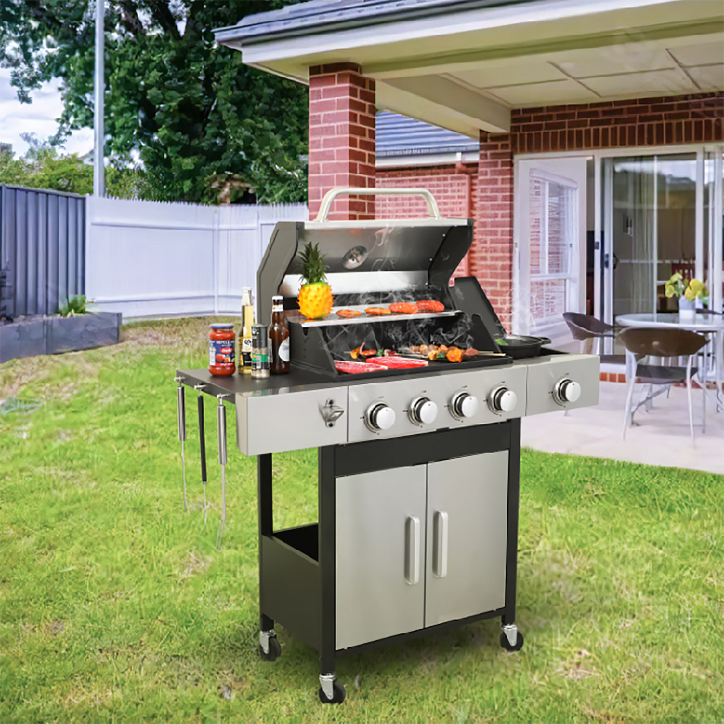 Kosynda 4-Burner Propane Gas BBQ Grill with Side Burner, 46790BTU Stainless Steel Grill Patio Garden Barbecue Grill for Outdoor Cooking, Silver