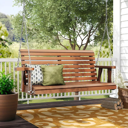 SUNCROWN Porch Swing 2-Seater, Wooden Outdoor Swing Bench with Cup Holder and Chains, 440 LBS Weight Capacity Outdoor Hanging Bench Swing for Patio & Garden (Brown)