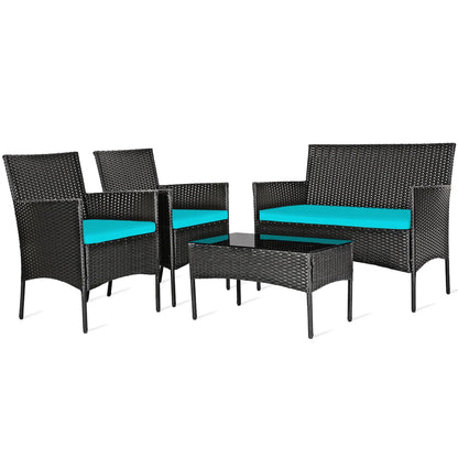 Gymax 4PCS Outdoor Furniture Set Patio Rattan Conversation Set w/Turquoise Cushion