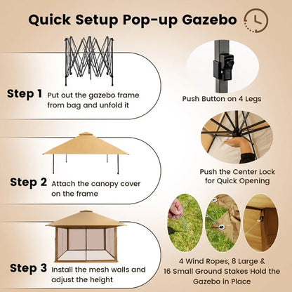 Yardi Yard 13 x 13 Feet Pop-up Instant Canopy Tent with Mesh Sidewall-Coffee, Roof Hardtop Galvanized Steel Top Canopy, Patio Heavy Duty Gazebo for Deck, Backyard