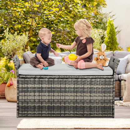 SOLAURA 90 Gallon Patio Wicker Storage Bench w/Cushion, Outdoor Rattan Deck Storage Box w/Handles & Hydraulics, Gray