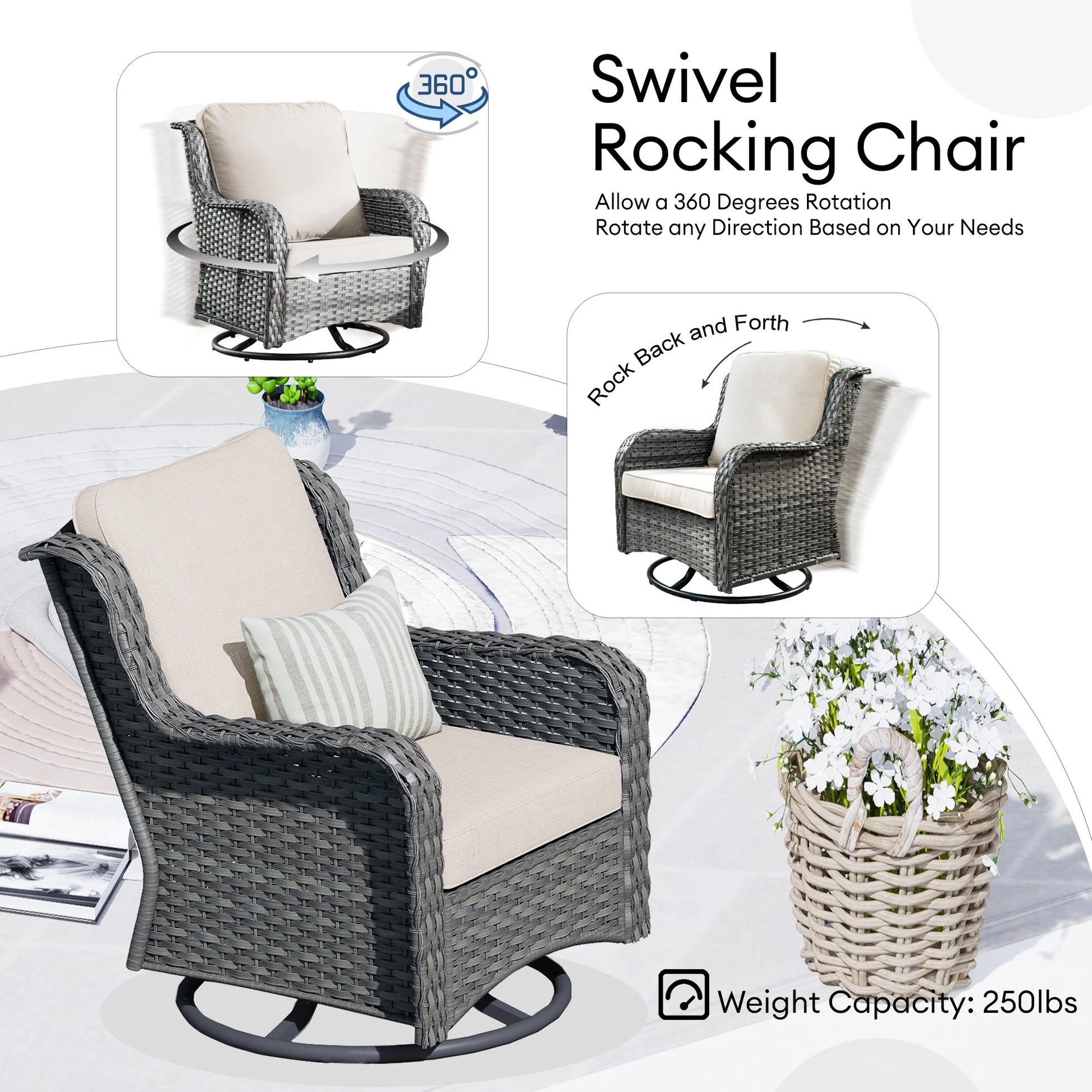 Ovios 8-Piece Wicker Outdoor Sectional Patio Set with Swivel Chairs and Loveseat, Gray