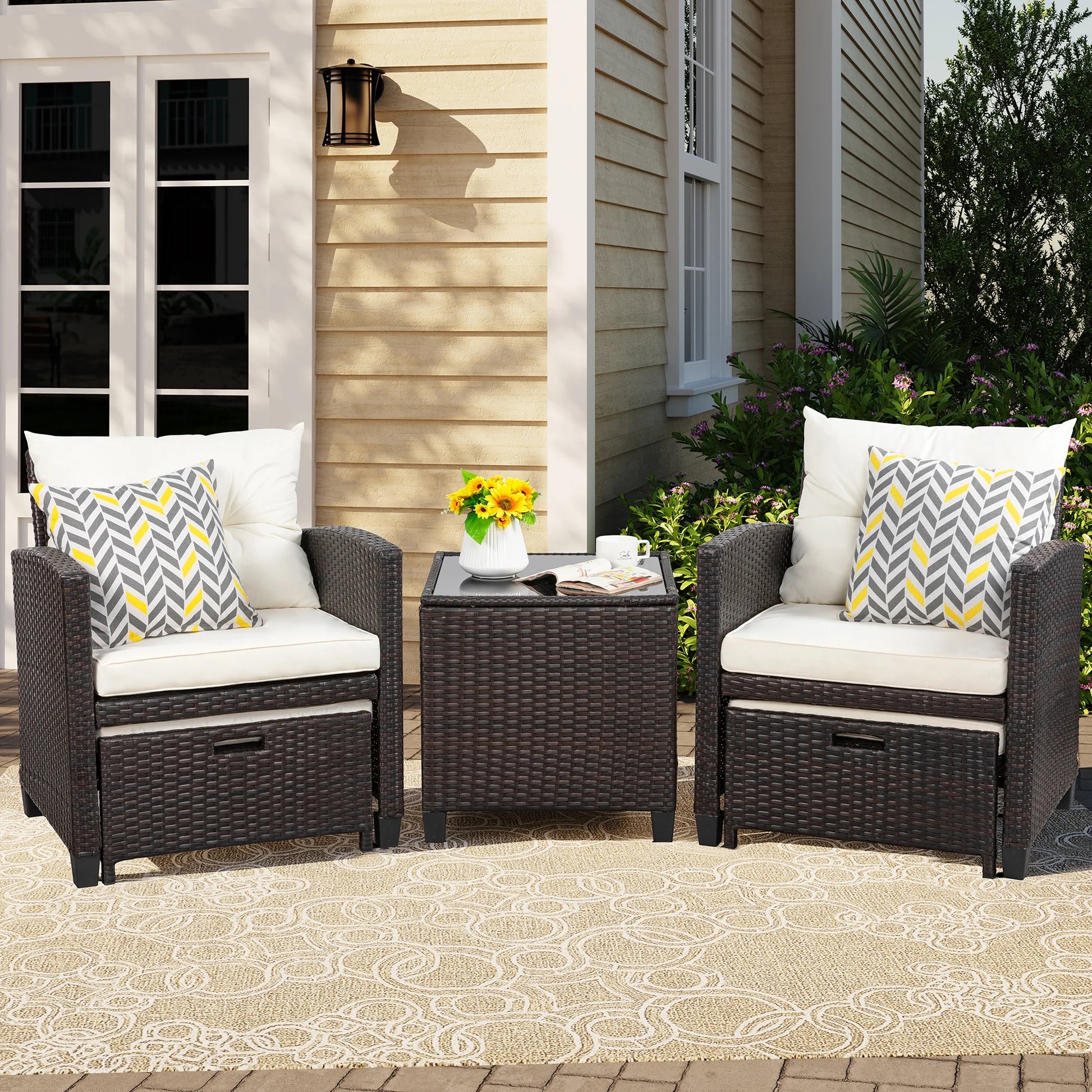Sobaniilo 5 Piece Patio Furniture Set,Outdoor PE Wicker Patio Chair Two with Ottoman Underneath, Wicker Lounge Chair with Side Table, Beige