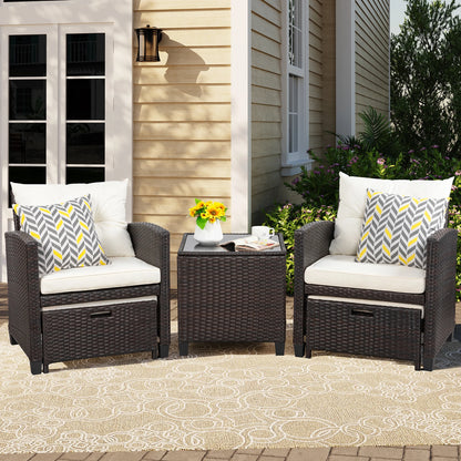Sobaniilo 5 Piece Patio Furniture Set,Outdoor PE Wicker Patio Chair Two with Ottoman Underneath, Wicker Lounge Chair with Side Table, Beige