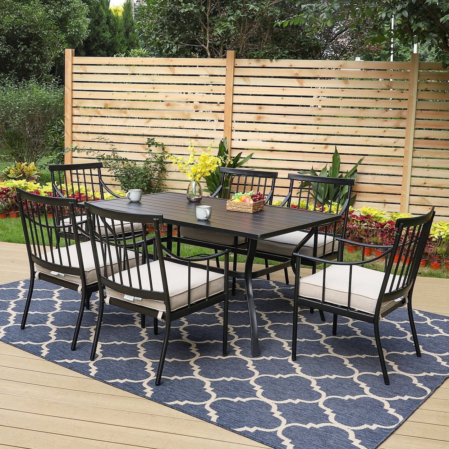 MF Studio 7-Piece Outdoor Dining Set Metal Patio Furniture with 6 PCS Cushioned Armchairs& 1 PC Rectangle Table, Black