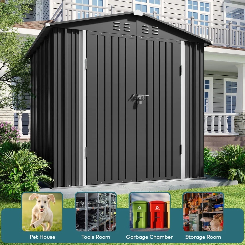 Aiho 8 x 6 FT Outdoor Storage Shed on Clearance with Metal Base Frame and Double Lockable Doors for Garden, Patio - Gray